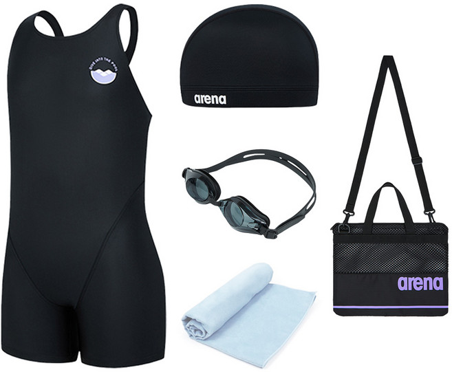 AKT-5954-블랙 아레나 여아동 생존수영키트 5종 (수경 수모 수영복 메쉬가방 타올 폴리백 세트)