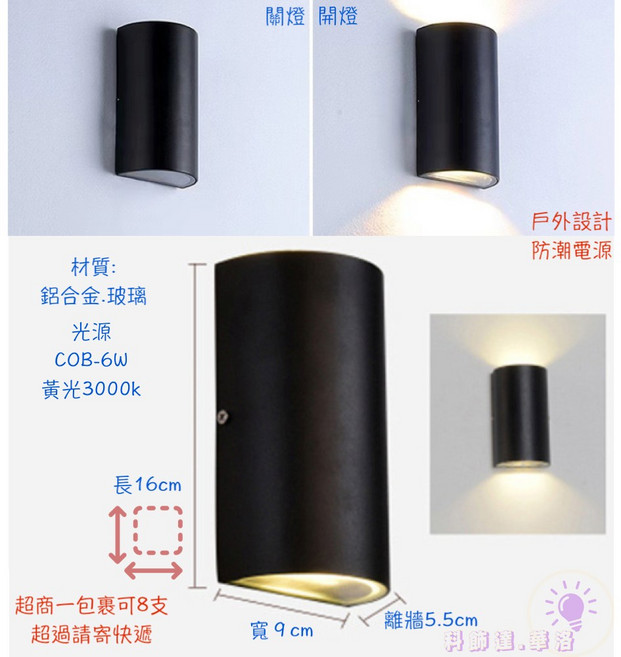科朗燈 戶外防潮防水壁燈 極薄設計, 黑殼黃光2-3個(依數量下單)