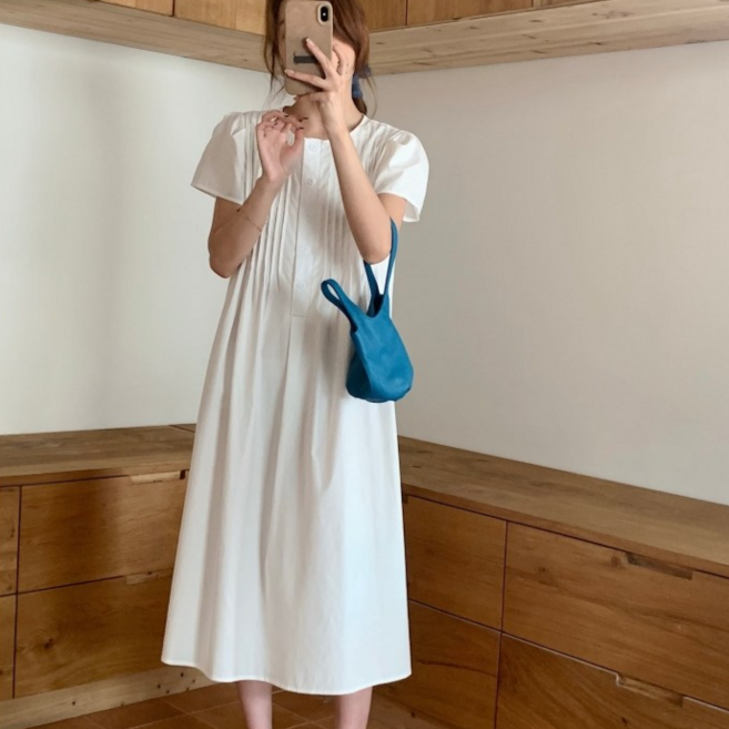 레이디 매직(lady magic) 여성 라운드넥 셔츠형 우아한 프렌치 롱 원피스