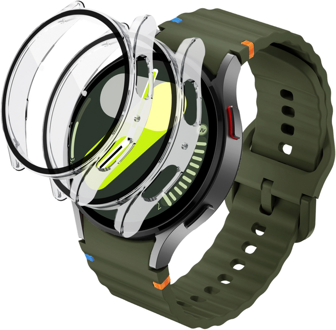 데일리피 갤럭시워치 호환 실리콘 컬러풀한 스티치 스트랩 8/7/6/6클래식/5/5프로/4/4클래식+PC 케이스 2개, 군녹색/투명