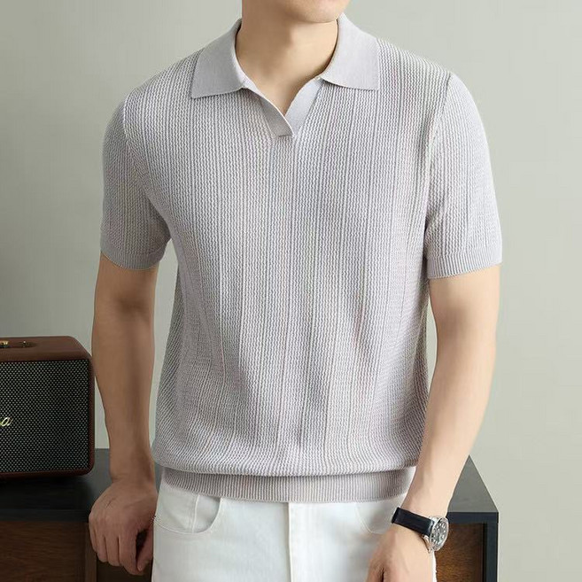 J nd O남성 여름 오픈카라 디자인 골지 반팔 니트