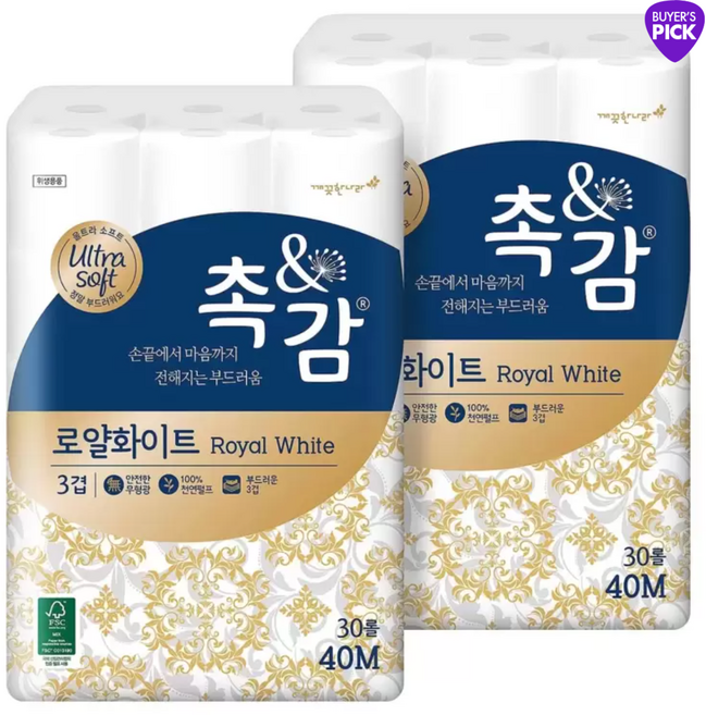 깨끗한나라 촉앤감 로얄화이트 화장지 40mx30롤x2팩 3겹 롤휴지 먼지안나는 천연펄프 무형광 두꺼운 화장실 무향 대용량 먼지없는 코스트코 집들이선물 두루마리 두루말이, 40m, 30롤, 2세트