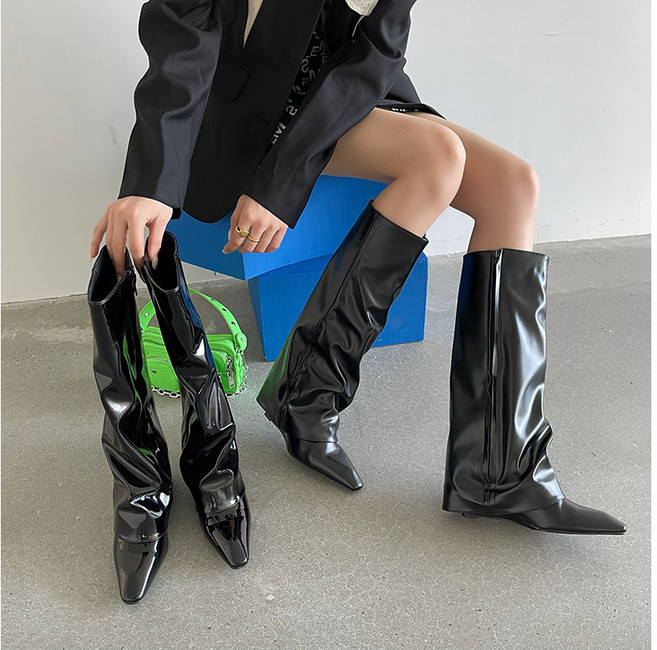 女靴 長筒靴 騎士靴 機車靴 坡跟 尖頭 黑色 高筒 褲管靴