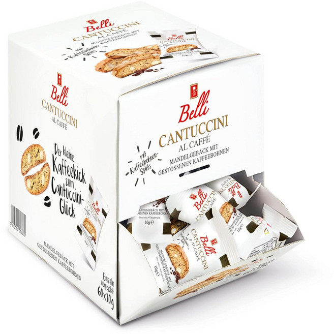 Belli 벨리 칸투치니 알 카페(1x 600g)상자당 쿠키 60개이탈리아산 아몬드와 커피콩을 곁들인 비스코띠 개별 포장된 쿠키, 1개, 600g