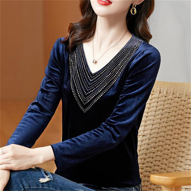 Vezri 여성용 긴팔 상의 가을 겨울용 벨벳 반짝이 브이넥 우아한 디자이너 티셔츠
