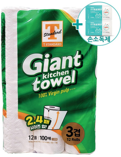 티스탠다드 자이언트 키친타올 100매 X 12롤 [에어캡포장] + 더메이런손소독제, 12개