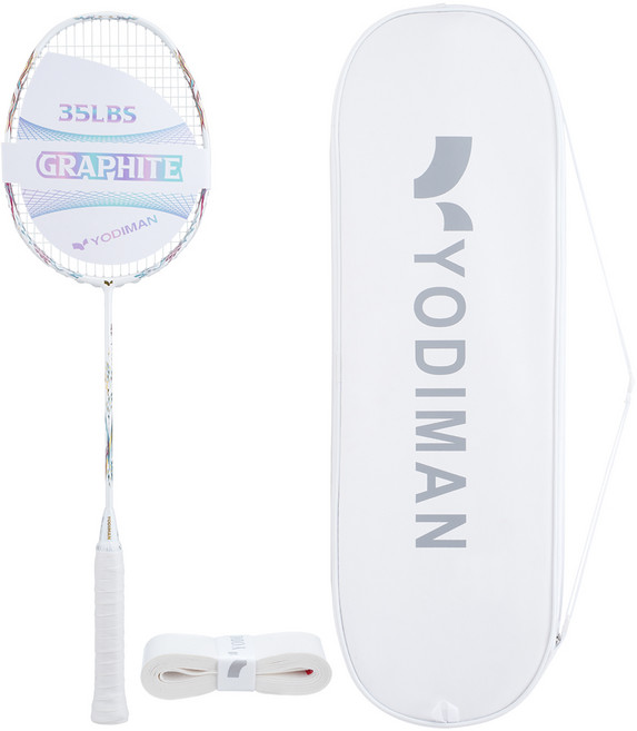 YODIMAN 초경량 배드민턴라켓 (프로 스트링 26lbs) 46T 고탄성 샤프트 35lbs 고강성 흑연 프레임 질주형 디자인, 1개, 유광화이트 4U