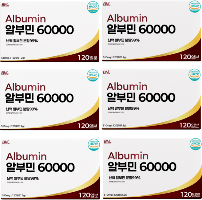 [99%] 알부민 60000 식약청 인증 HACCP 비엔엘, 6개, 120정