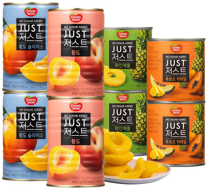 동원 저스트 노슈가 과일캔 4종 (황도슬라이스2+황도2절2+파인애플2+후르츠칵테일2), 2세트, 1.65kg