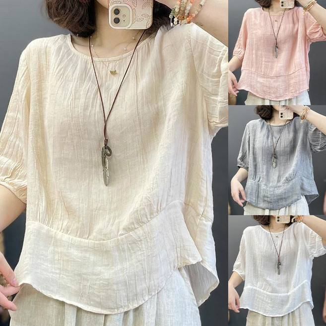 봄여름 칠부티 얇은 여성 블라우스 루즈핏 셔츠 예쁜 셔링 라운드넥 반팔티 상의