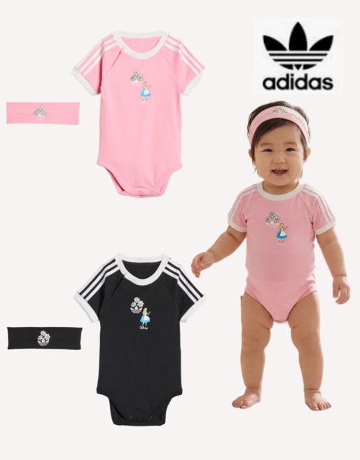[국내매장판] 아디다스 베이비 반팔 바디수트 헤어밴드 세트 여름 우주복 출산선물 돌선물 디즈니 앨리스
