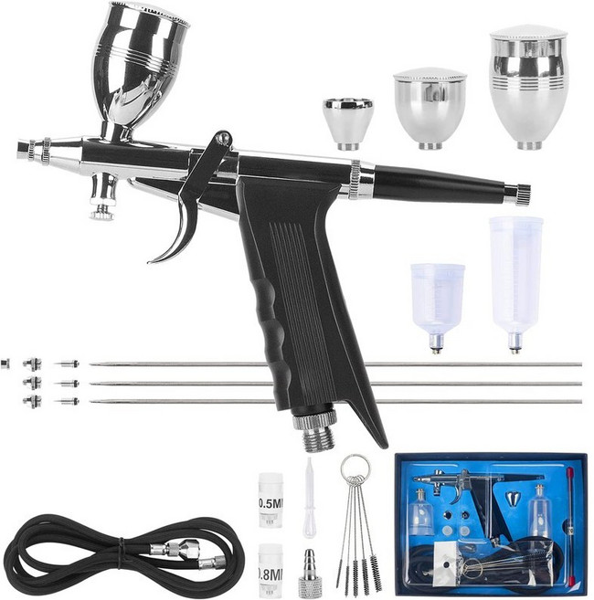 에어브러쉬 스프레이건 이중 동작 트리거 0.3mm/0.5mm/0.8mm노즐 2cc/5cc/13cc/20cc/40cc도료컵, 블랙, 1세트