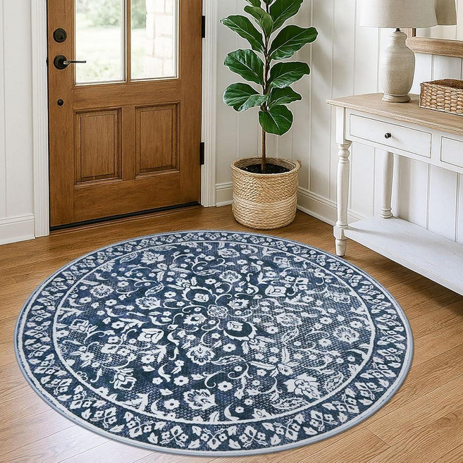 SILOLOOM Navy Round Rug 5 Ft Rugs for Entryway Washable Circle Entrance Rug Non Slip Round Doormat