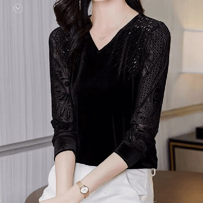 ROYALBELLE 여성 브이넥 벨벳 큐빅포인트 우아한 감성 데일리 긴팔 티셔츠 U01111110