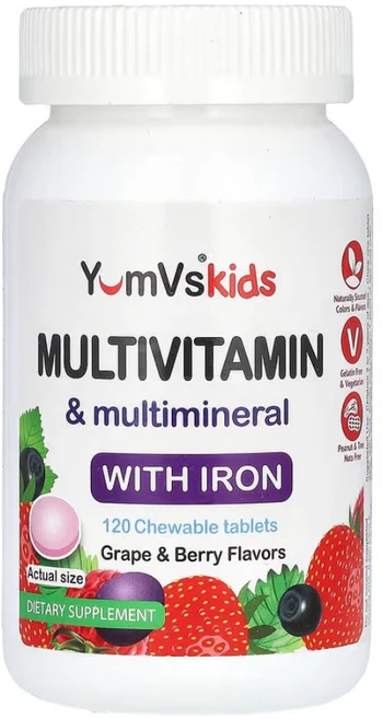 YumV's 키즈 멀티비타민 미네랄 철분 포도 베리맛 120츄어블, 1개, 120정 - 쿠팡