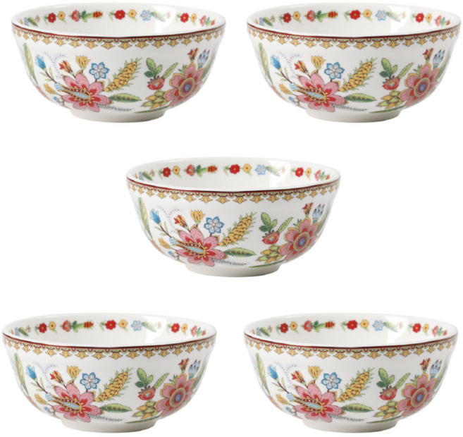 클래식 플라워 도자기 대접 5P / 국그릇 국대접, 1세트, 레드