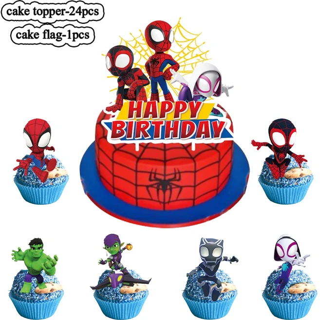 스파이더 맨 마블 케이크 토퍼 장식 어린이 생일 파티 어벤저 스 수제 컵케익 디저트 플래그, 01 CHINA, 08 dxcp-25pcs