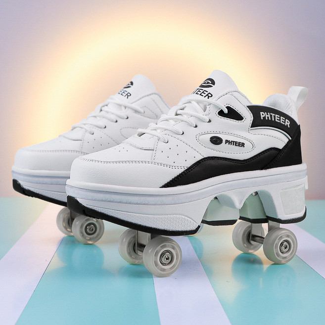 롤러슈즈 자동 개폐식 단일 4륜 이중 바퀴 바퀴신발, 1개, 003 블랙 4륜