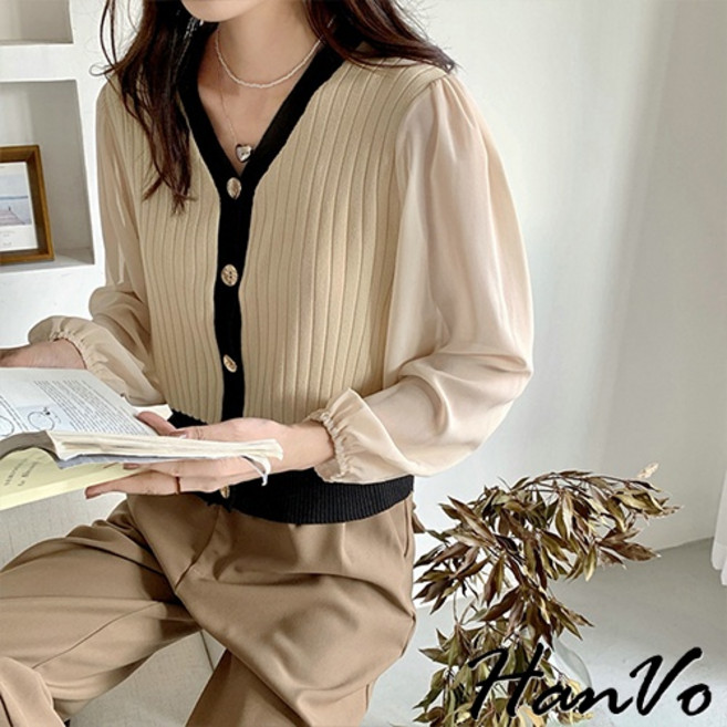 HanVo V領金扣拼接雪紡袖針織衫 復古氣質優雅澎澎袖上衣外套 韓國女裝