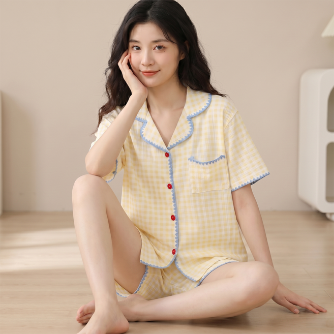 차르미콜 여성 여름 잠옷세트 반팔 반바지 홈웨어 체크 파자마 상하의세트