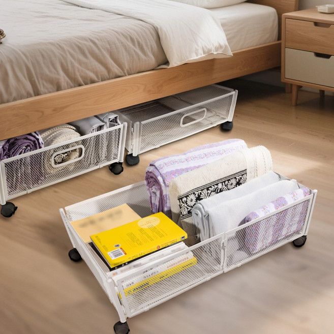 Jeernare 슬라이딩 언더베드 리빙박스 바퀴달린 침대밑수납함 낮은형 접이식 3초설치, 화이트, 1개