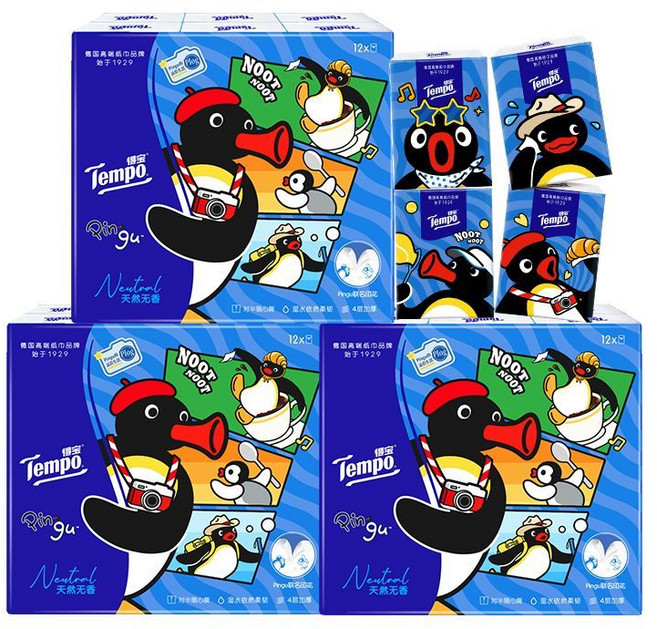 Tempo 得寶 Pingu 企鵝印花無香小包餐巾紙 12入, 1個, Pingu聯名無香手帕紙7片36包【100%原生木漿】