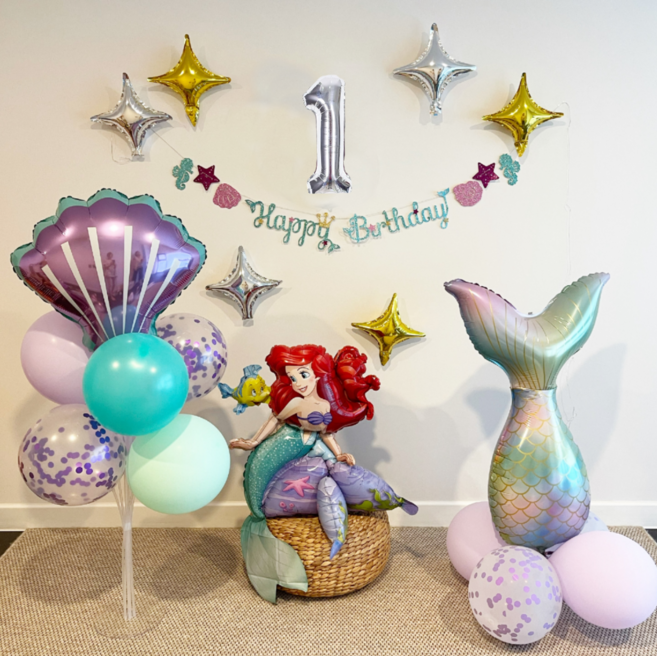 공주풍선 인어공주 생일파티세트 앉아있는 애리얼, 실버숫자 1, 1세트