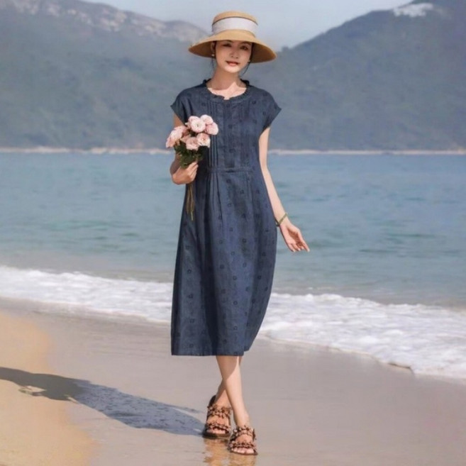 LUNATURE 여성 여름 프린트 루즈핏 원피스 라운드 롱 휴양지룩