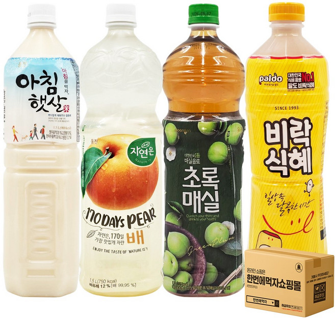 [한번에먹자쇼핑몰] 인기음료 1.5L 4종 혼합세트 / 웅진 아침햇살 + 자연은 배 주스 + 웅진 초록매실 + 팔도 비락식혜, 4개