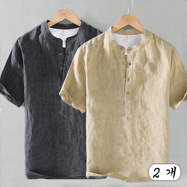 3위 - YLEMI 1+1 남성 린넨셔츠 무지 빈티지 면마 반팔티 2장 세트