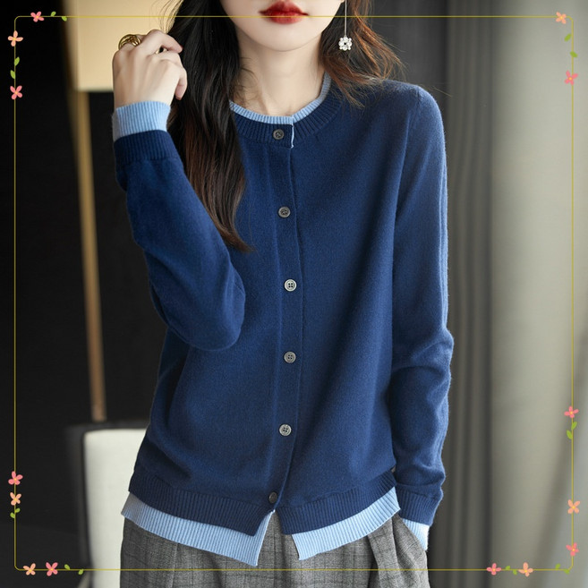 라부라카 예쁜 레이어드 배색 여성 니트 가디건 가을 겨울 라운드 가디건 빨간 가디건 간절기 30대 여성 의류