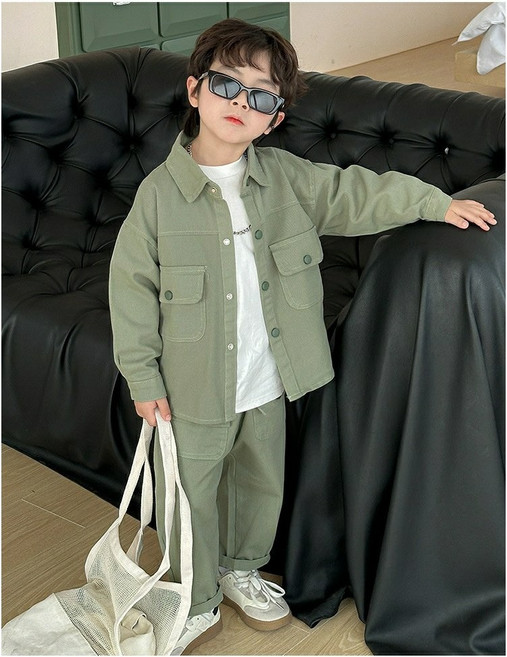 뿜이네 키즈남아 상하세트 정장세트 하객룩 촬영룩 나들이룩 등원룩 행사룩 남방셔츠 카키상하세트 카키남방 카키바지