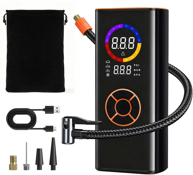 타이어 공기압 주입기 휴대용 차량용 대용량 무선 다용도 에어펌프 자전거 오토바이 구기류, 블랙, 1개