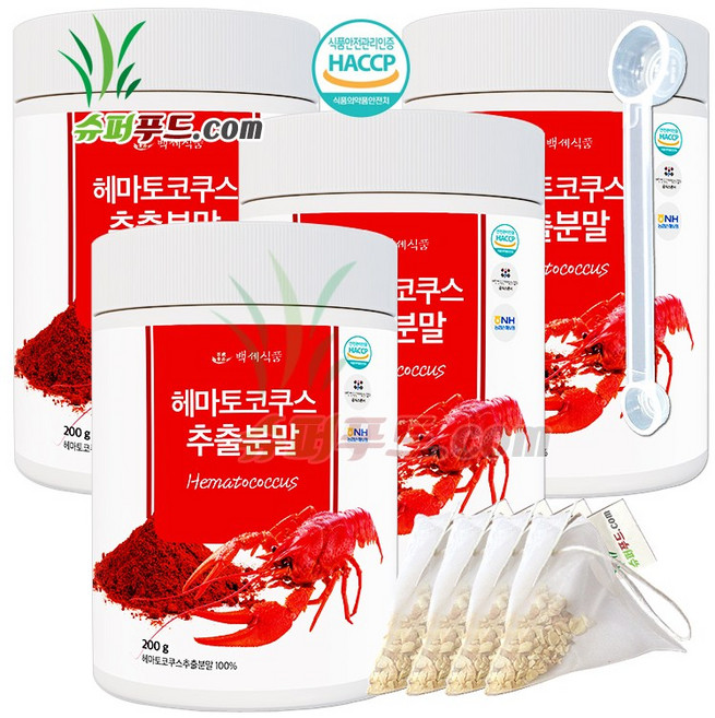 HACCP식약처인증 헤마토코쿠스추출분말100% 헤마토코쿠스 추출분말 +슈퍼푸드.com연자육티백, 201g, 4세트