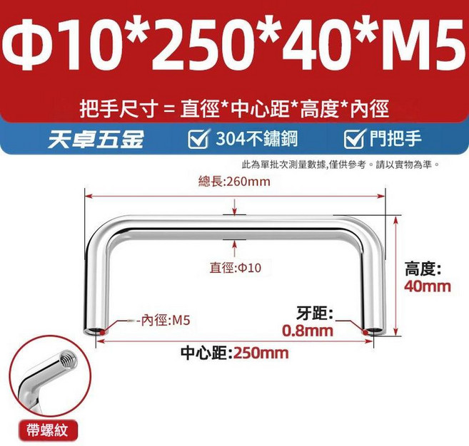 304不鏽鋼實心拉手 Φ6*25*25*M4, Φ10*250*40*M51個304內螺紋, 1套