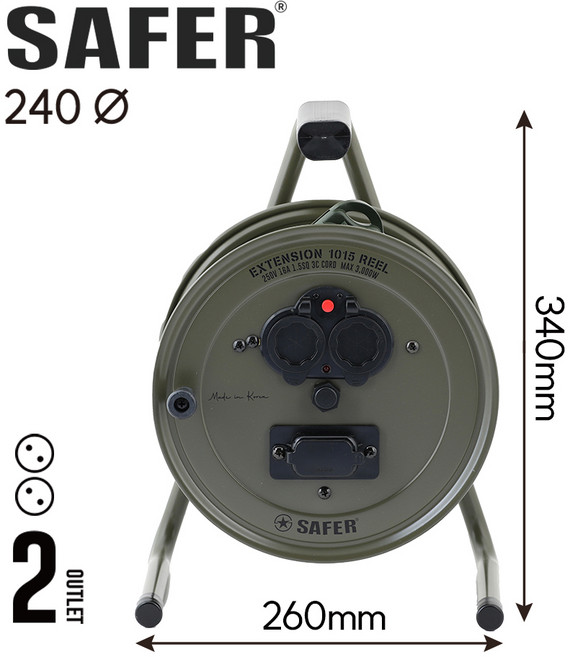 세이퍼 캡형 1015 2구 4구 릴선 차단기 전기 리드선 전기선 작업선 연장선 전선릴, 1개, [카키 2구/차단기], 10m