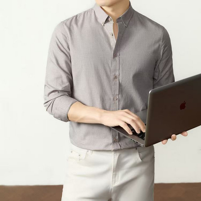 J nd O남성 봄 심플 얇은체크 긴팔 셔츠