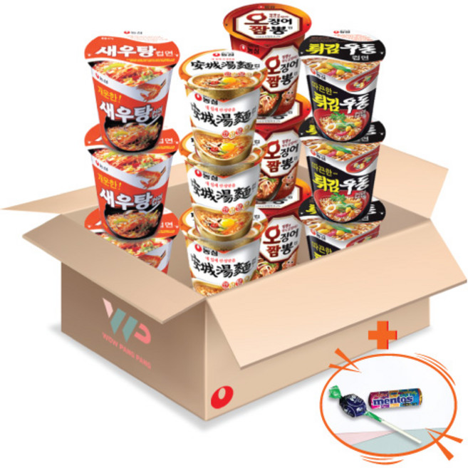 농심 컵라면 소컵 4종 혼합세트 새우탕 3컵+튀김우동 3컵+안성탕면 3컵+오징어 짬뽕 3컵 총 12컵입 미니 멘토스+투시팝 사탕 사은품 2종 증정, 12개