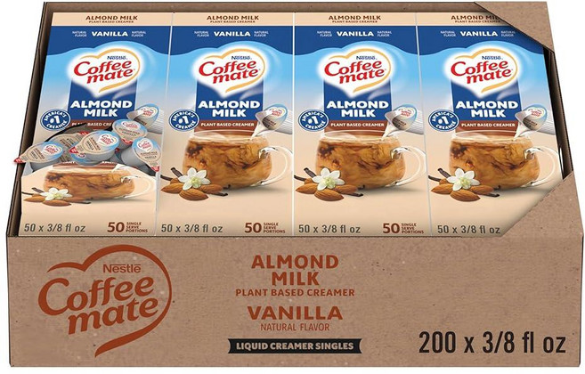 Nestle Coffee Mate 커피 크리머 아몬드 밀크 액체 크리머 싱글 식물 기반 유제품 없음 냉장 없음 11.1ml (0.4온스) 통 (200개 팩), Nestle Coffee Mate 커피 크리머, 아몬드, 550ml