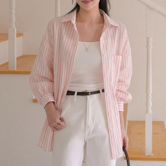 데일리앤 노어린 살안타템 여성 오버핏 스트라이프 롱 셔츠 빅사이즈 남방