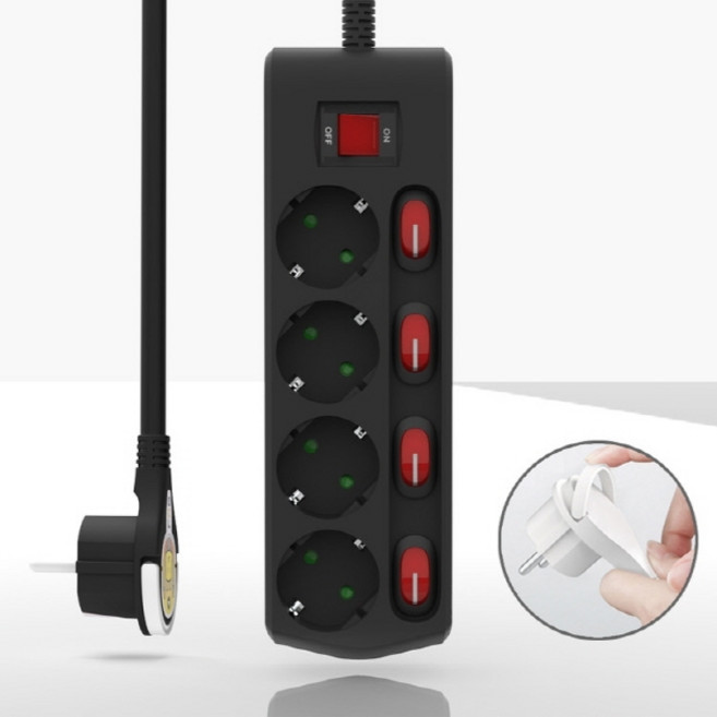 러그박스 4구 개별 스위치 멀티탭 납작한 플러그 안전한 블랙 멀티콘센트, 3m, 1개