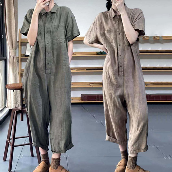 FINE ART 여성 린넨 점프수트 면마 멜빵바지 얇은 반팔 셔츠 점프슈트 여름 바지 빅사이즈 데일리