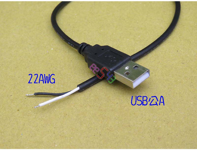USB電源線 22AWG 2芯充電線, 1個, USB單公頭線