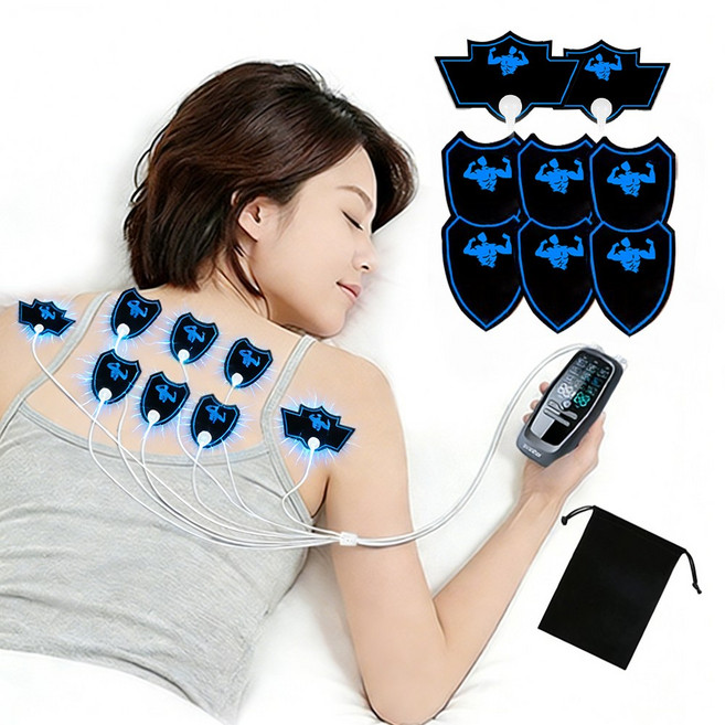 저주파 마사지기 EMS 무선 전신 안마기 EMS TENS MSG듀얼 채널 전용 겔패드 4세트 9가지 마사지 모드 30단계 강도조절 타이머 6단계로 수납팩, 블랙