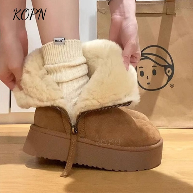 KOPN 두꺼운 바닥 스노우 부츠 여성 겨울 가죽 털 일체형 기모 두꺼운 부츠 자녀 미끄럼 방지 면 신발 키높이 캐주얼 여성 부츠