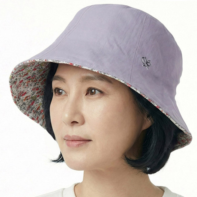 베이직엠 중년 여름 여성모자 벙거지 챙안꽃배색 실버리본 뒷밴딩