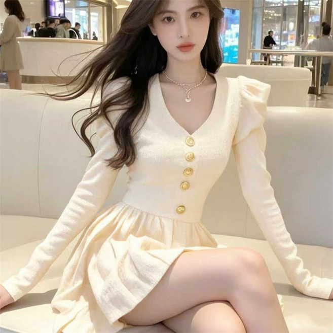 TKX 여성용 빅사이즈 브이넥 퍼프소매 장식 단추 봄 가을 드레스 바캉스룩