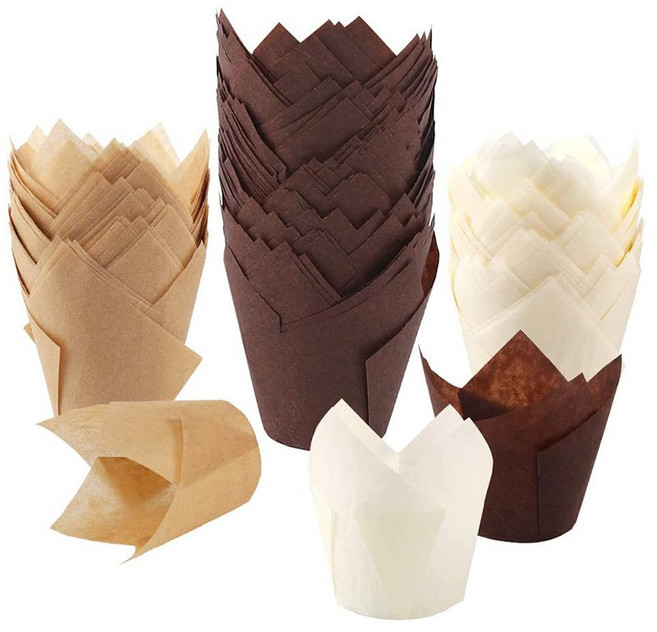 200pcs 튤립 컵 케이크 베이킹 컵 머핀 베이킹 라이너 홀더 소박한 컵 케잌 래퍼 브라운 화이트 및 자연 색상, 하나, 브라운 & 화이트 & 자연, 하나 * 브라운 & 화이트 & 자연 * 200개