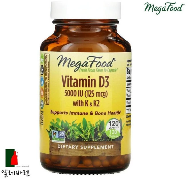 메가푸드 비타민D3 비타민K 비타민K2 125mcg 5000IU 캡슐 120정, 1개 - 쿠팡