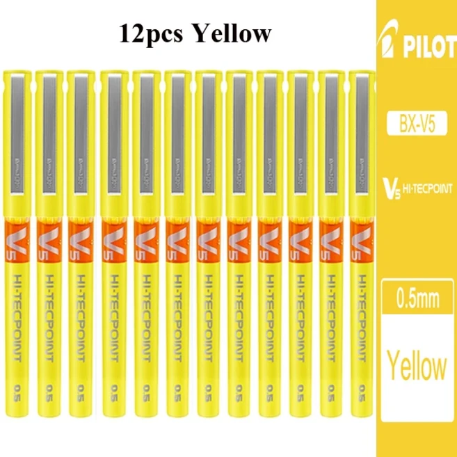Japan Pilot V5 Hi-Tecpoint 0.5mm 엑스트라 파인 순수 액체 잉크 롤러 볼 펜 12 가지 색상 바늘 팁 롤링, 27 12pcs Yellow